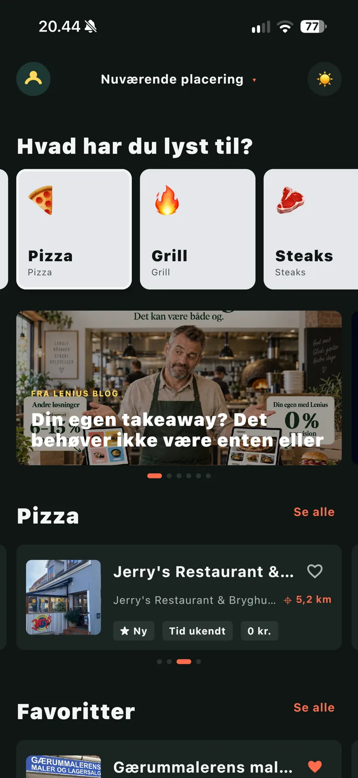 Lenius-appens startside med kategorier og butikker i nærheden