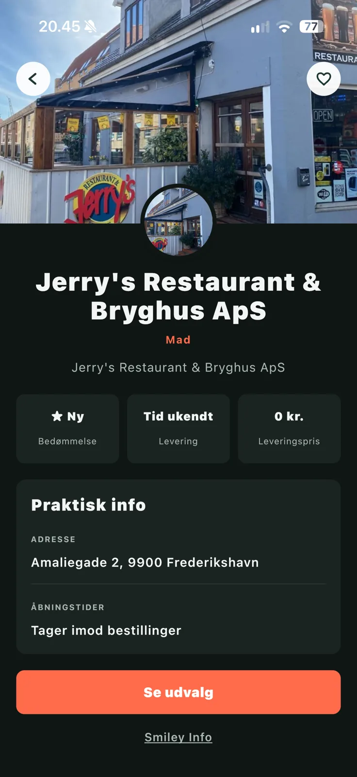 En lokal restaurants profil med udvalg og praktiske oplysninger